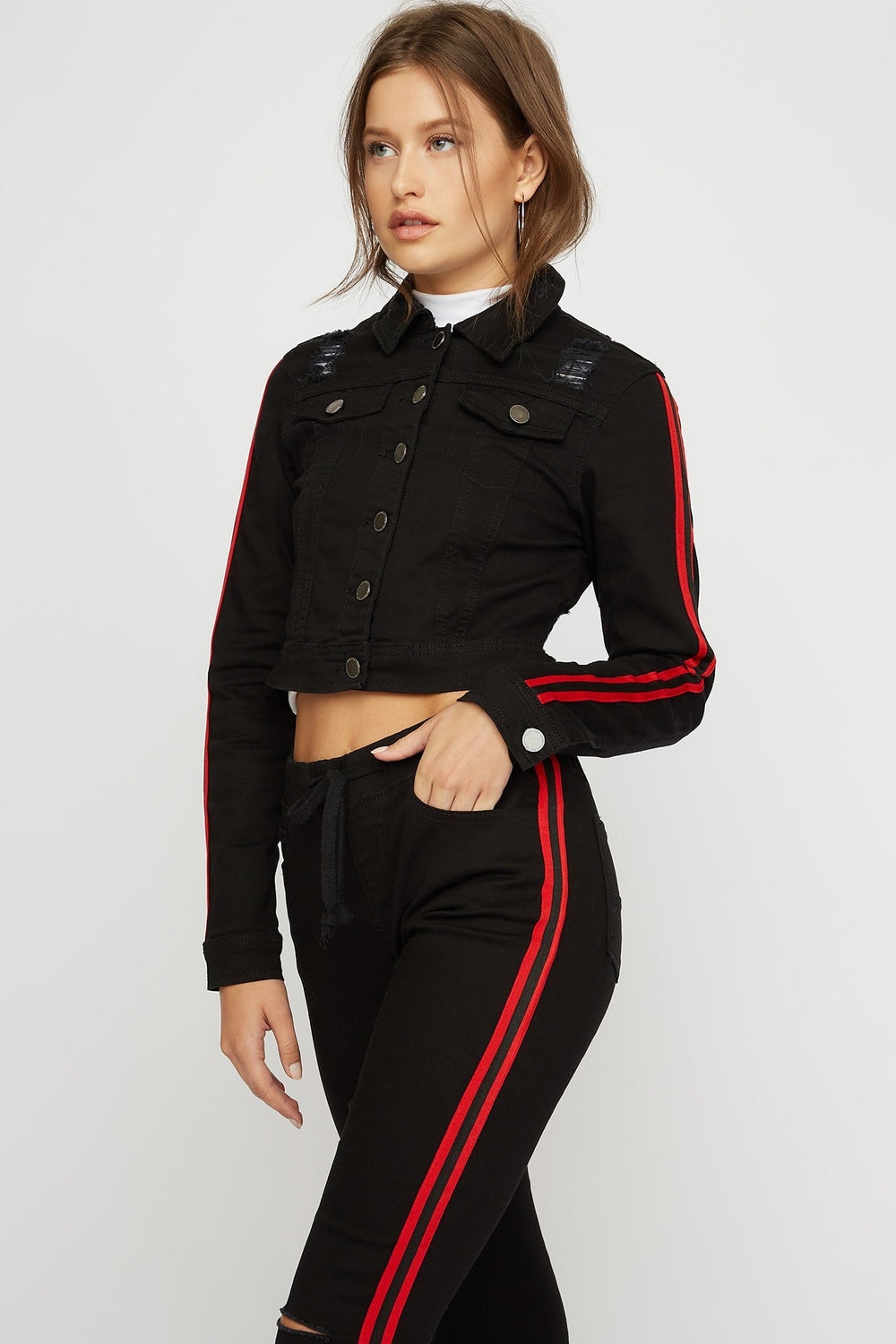 Women Side Stripe Distressed Cropped Denim Jacket Black