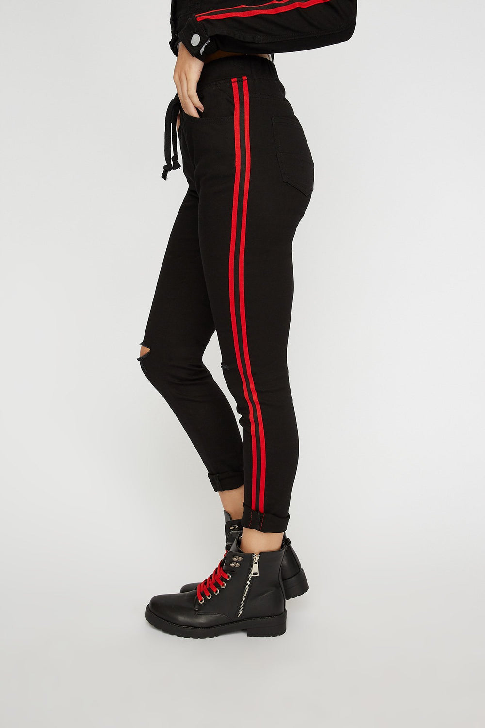 Women Side Stripe Distressed Denim Jogger Black