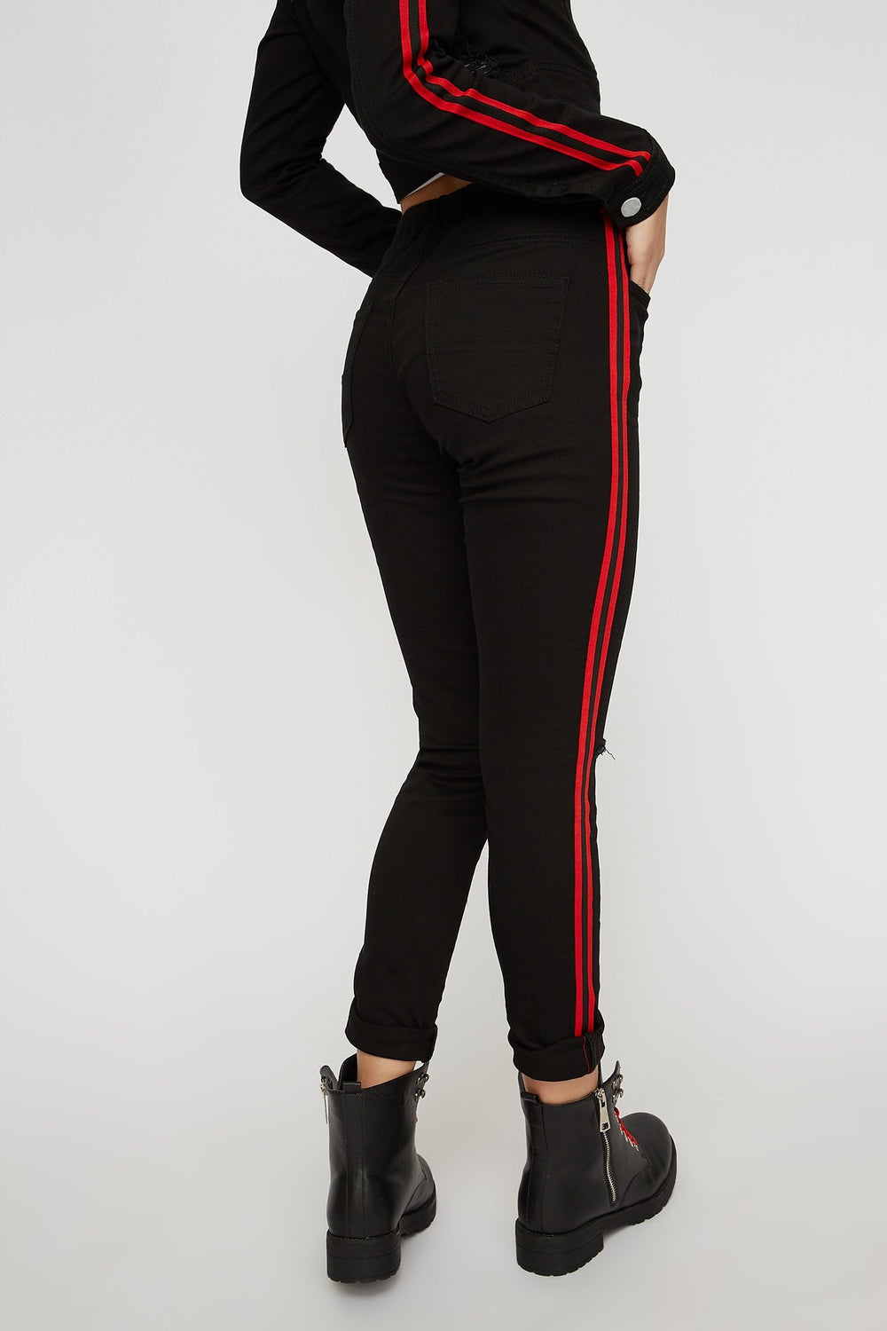 Women Side Stripe Distressed Denim Jogger Black