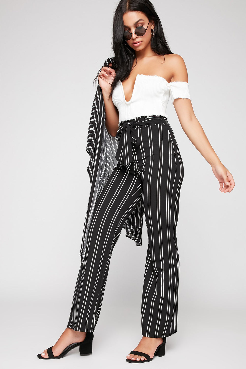 Women Striped High-Rise Self-Tie Wide Leg Pant Black