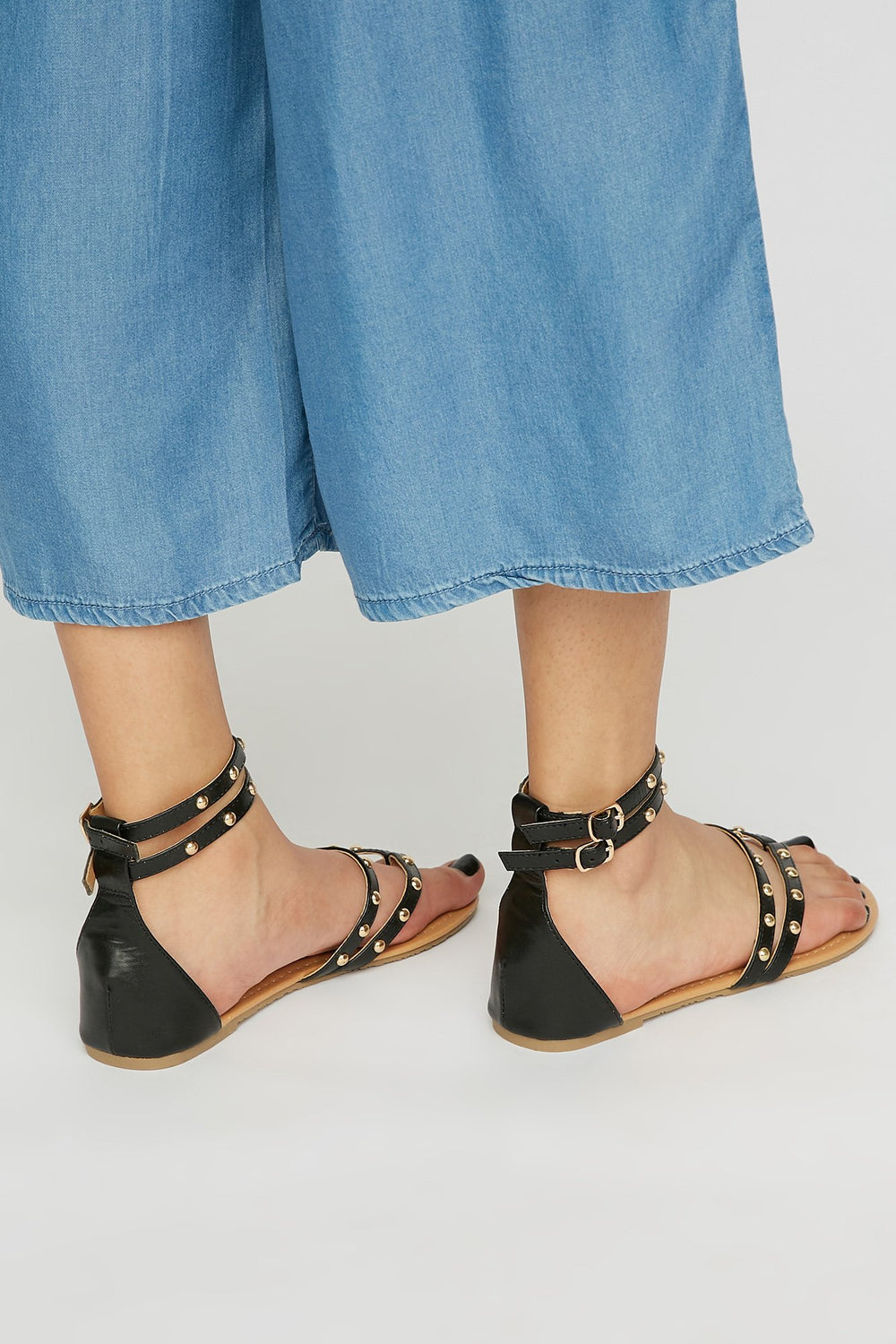 Women Studded T-Bar Dual Band Sandal Black