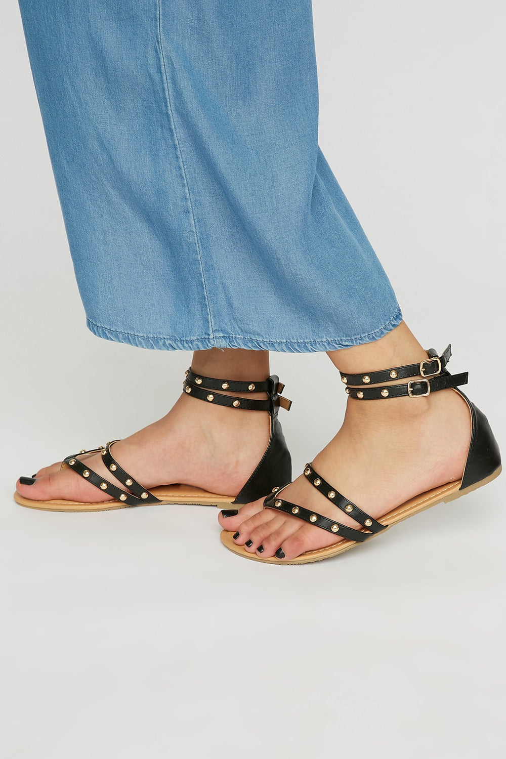 Women Studded T-Bar Dual Band Sandal Black