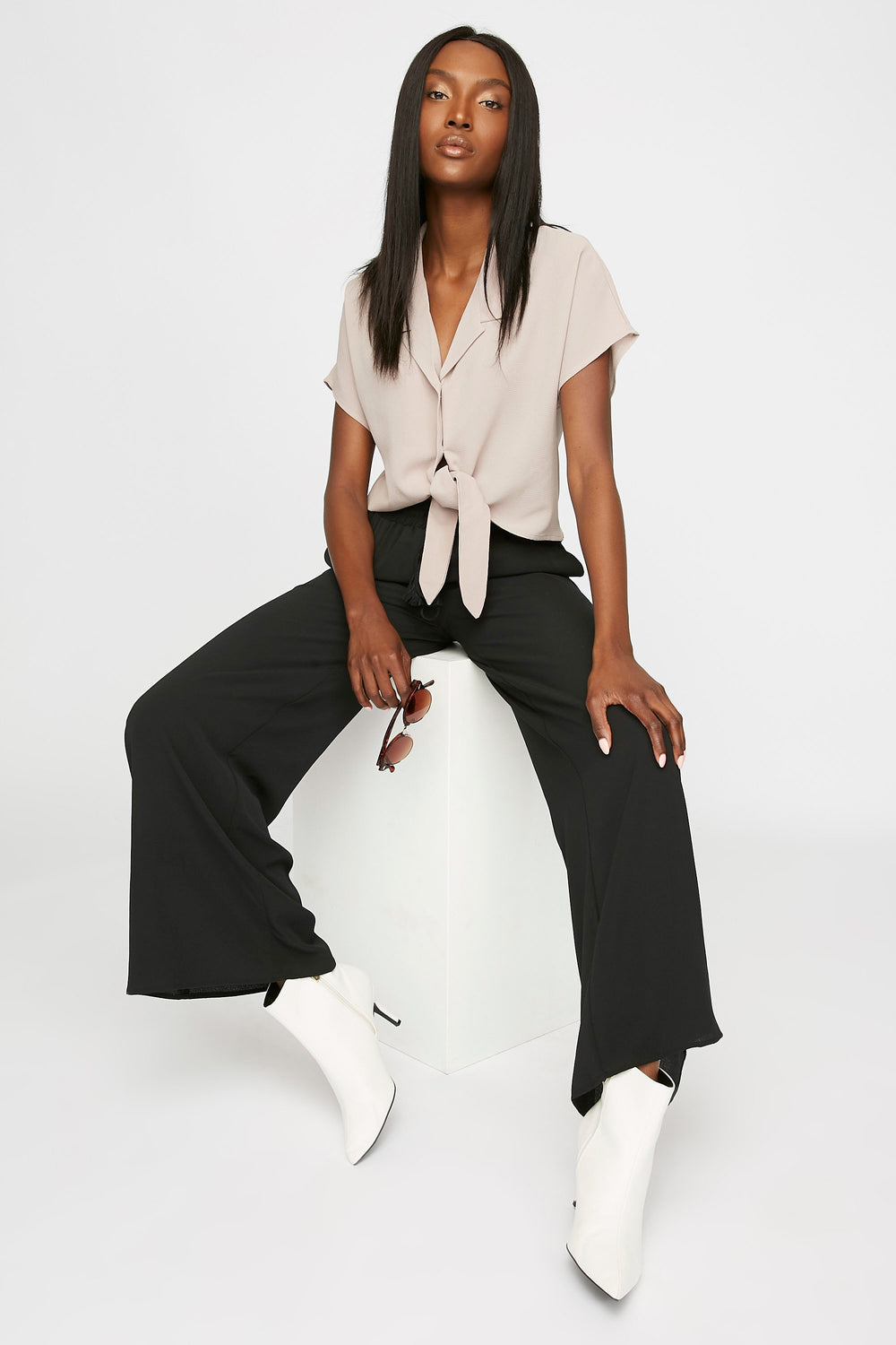Women Tassel Drawstring Wide-Leg Palazzo Pant Black