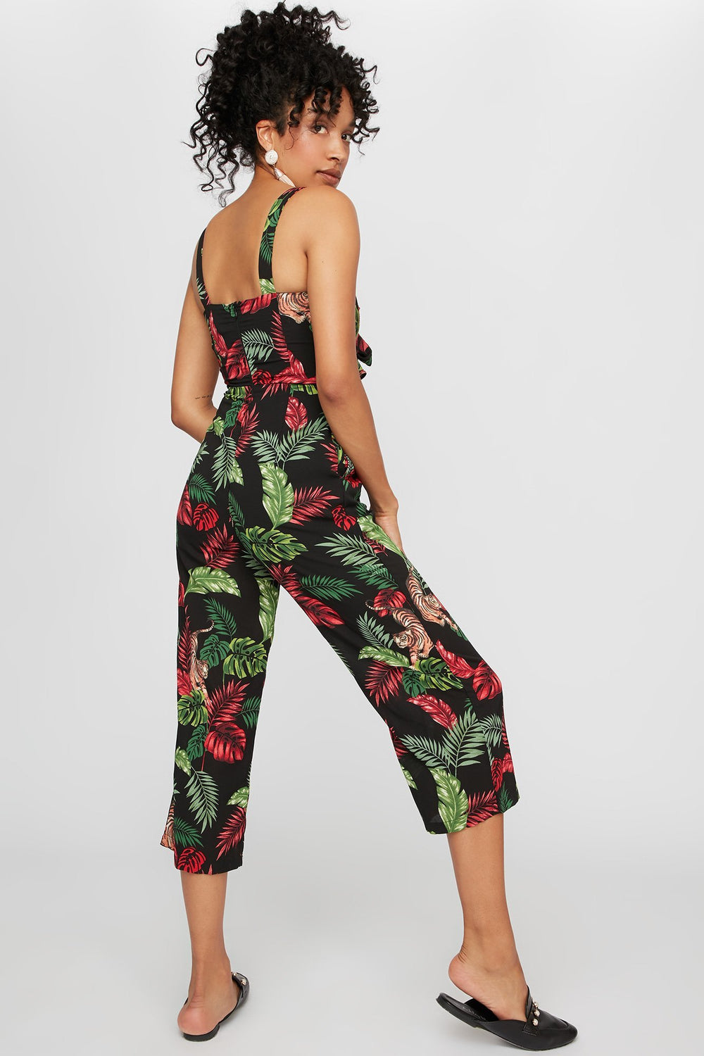 Women Tropical Floral Front-Tie Culotte Jumpsuit Black