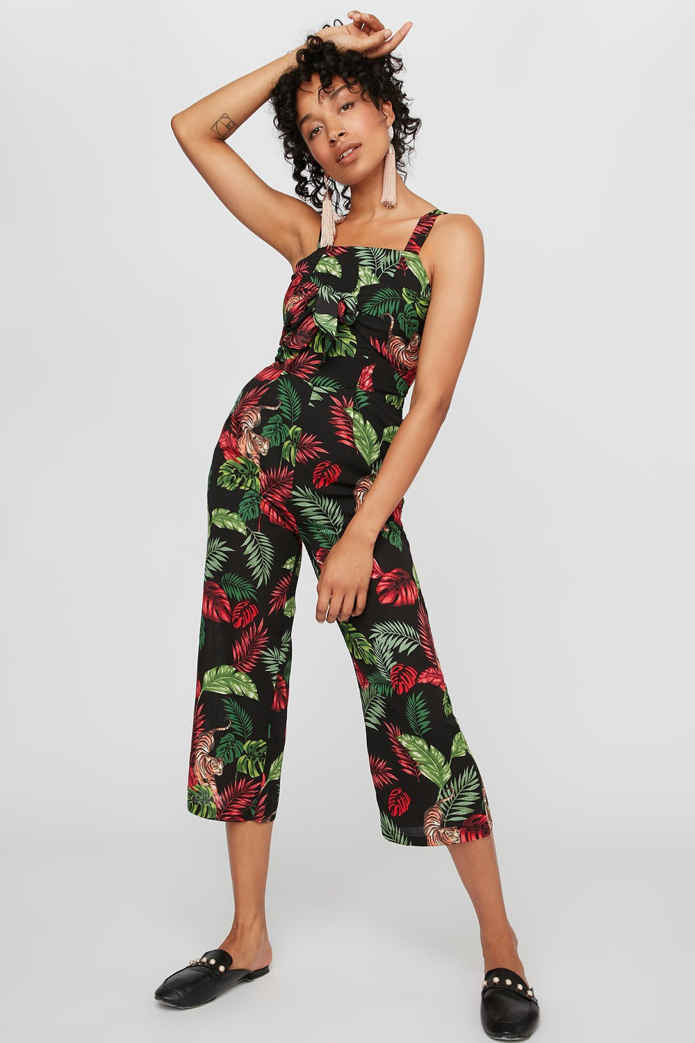 Women Tropical Floral Front-Tie Culotte Jumpsuit Black