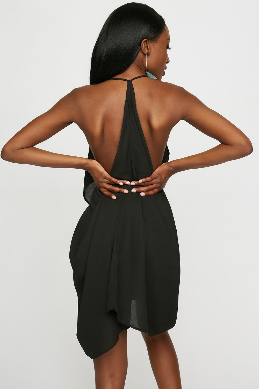 Women V-Neck Ruffle Drape Mini Dress Black