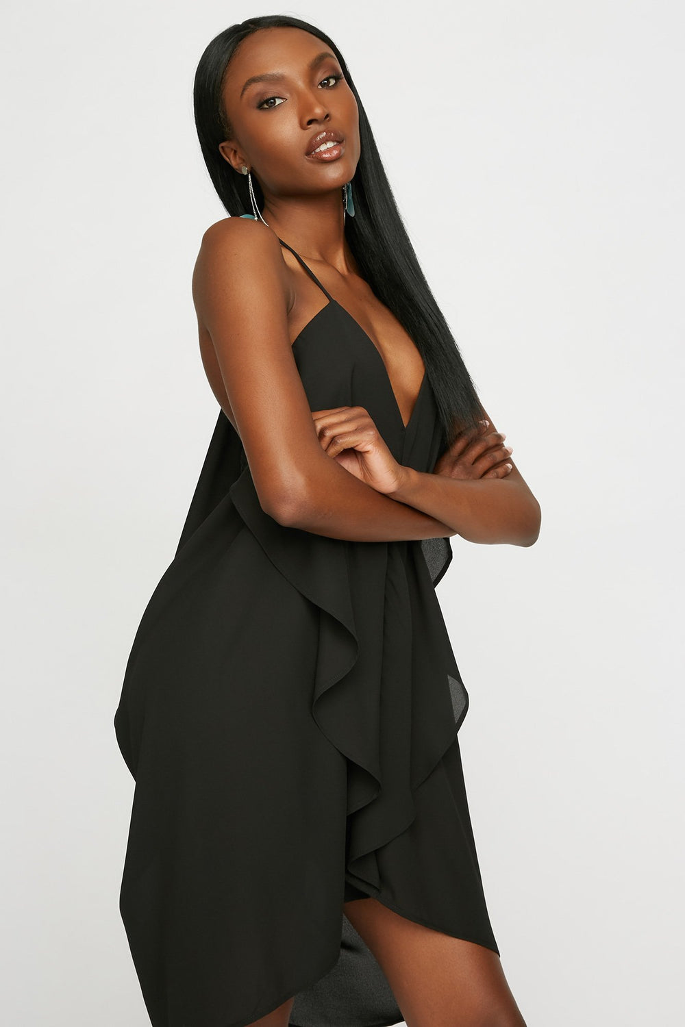 Women V-Neck Ruffle Drape Mini Dress Black