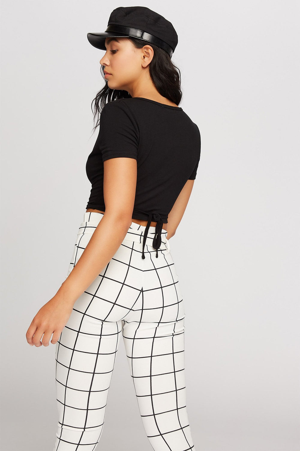 Women V-Neck Wrap Back-Tie Cropped T-Shirt Black