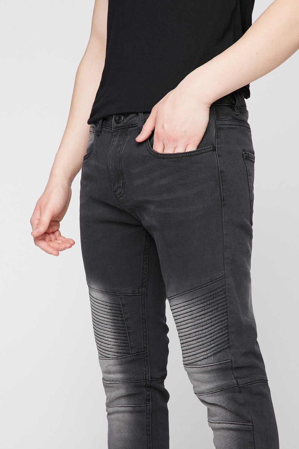 Men Acid Wash Moto Skinny Jean Black