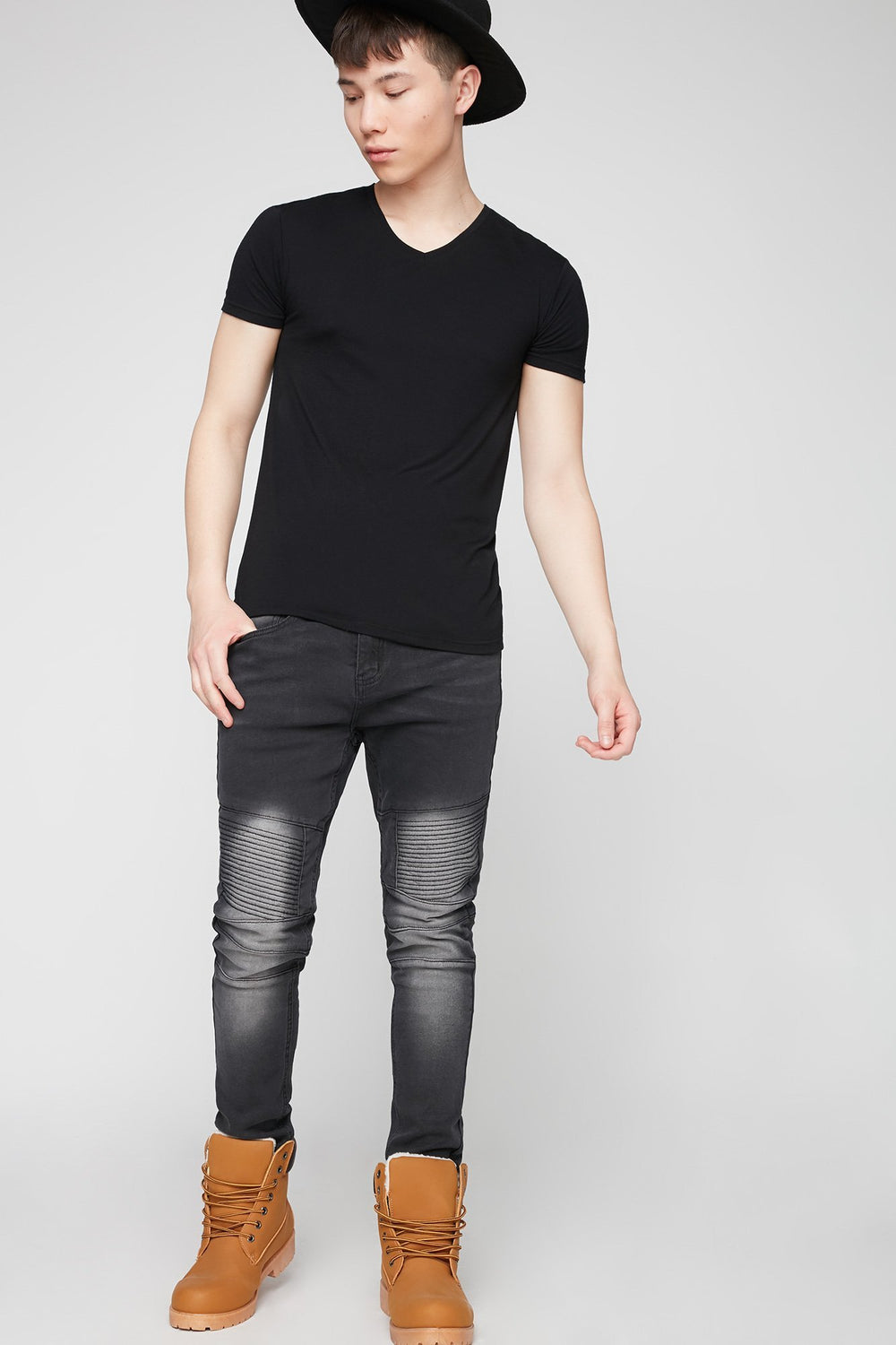 Men Acid Wash Moto Skinny Jean Black