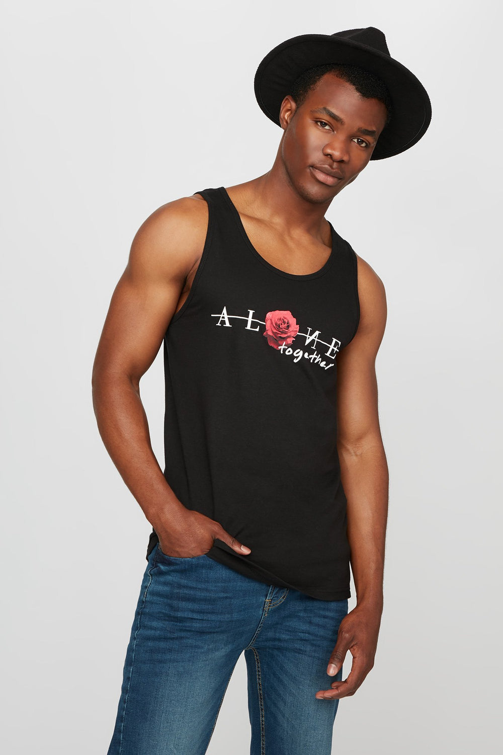 Men Alone Together Floral Graphic Tank Black