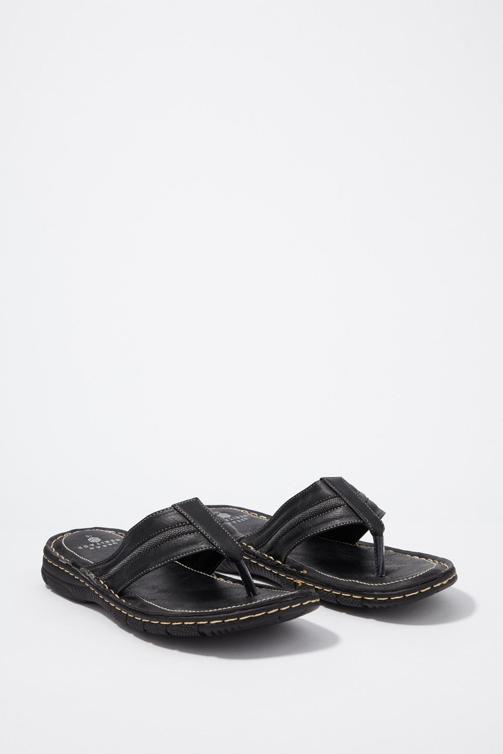 Men Black Faux-Leather Stitched Flip Flop Sandal Black