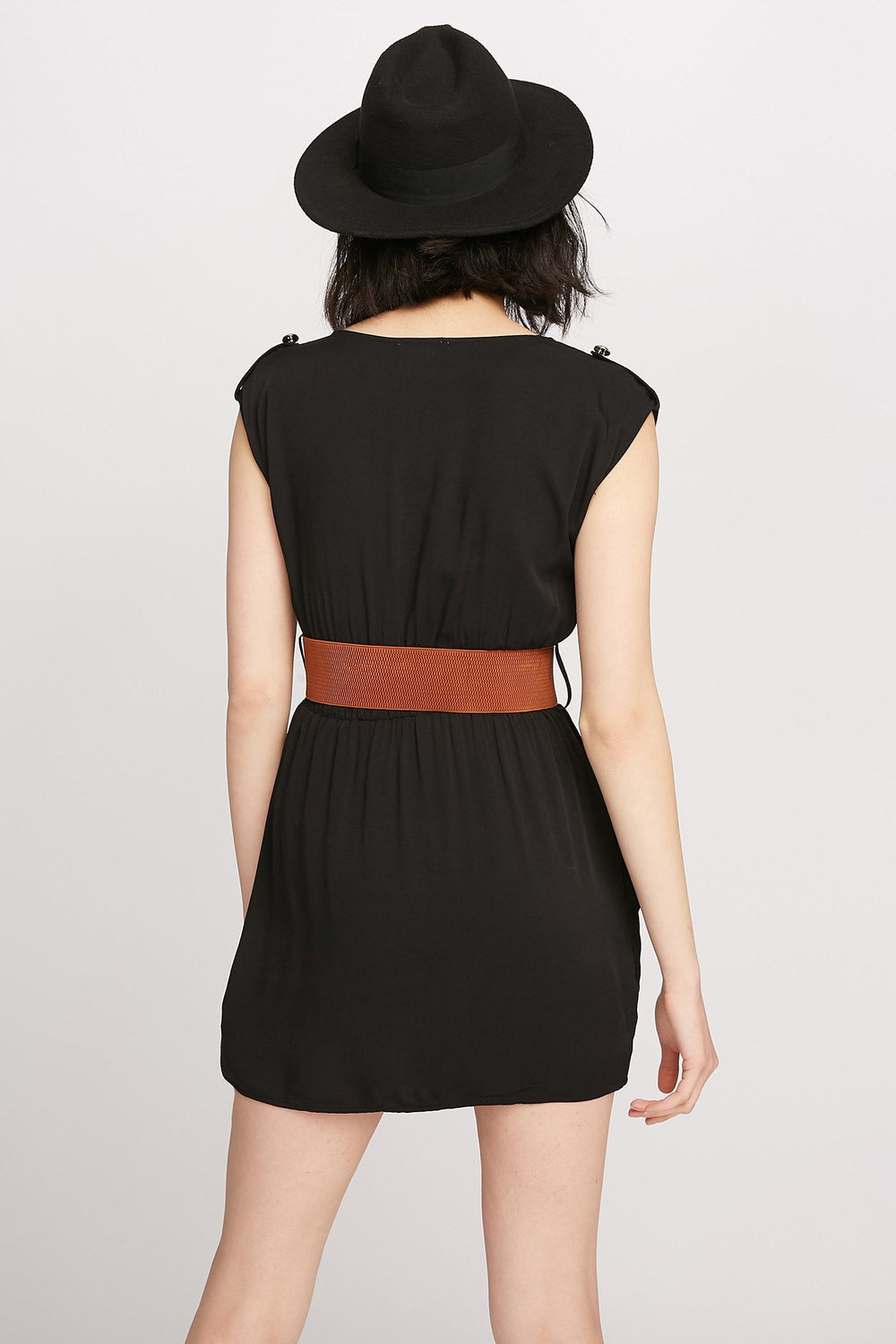 Women Boat-Neck Belted Pocket Tunic Dress Black
