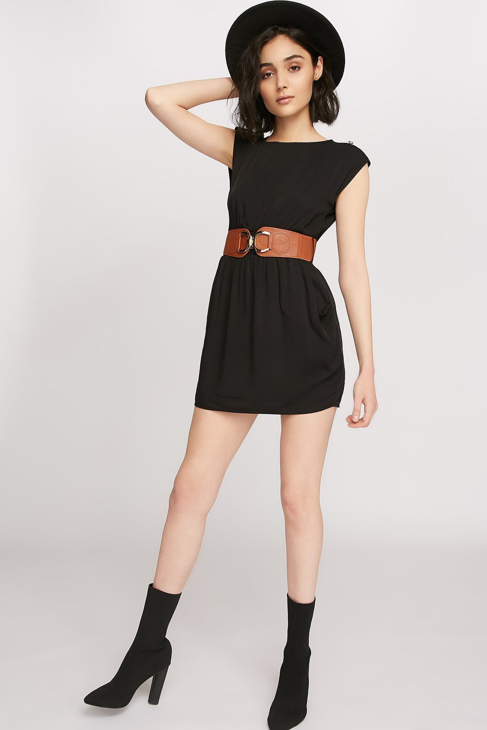 Women Boat-Neck Belted Pocket Tunic Dress Black