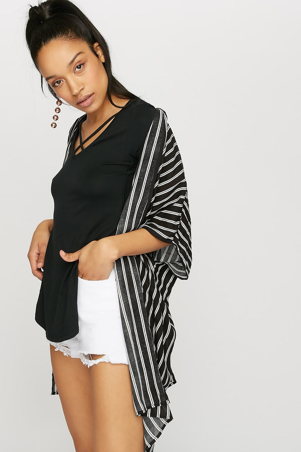 Women Caged Side Slit Dolphin Hem T-Shirt Black