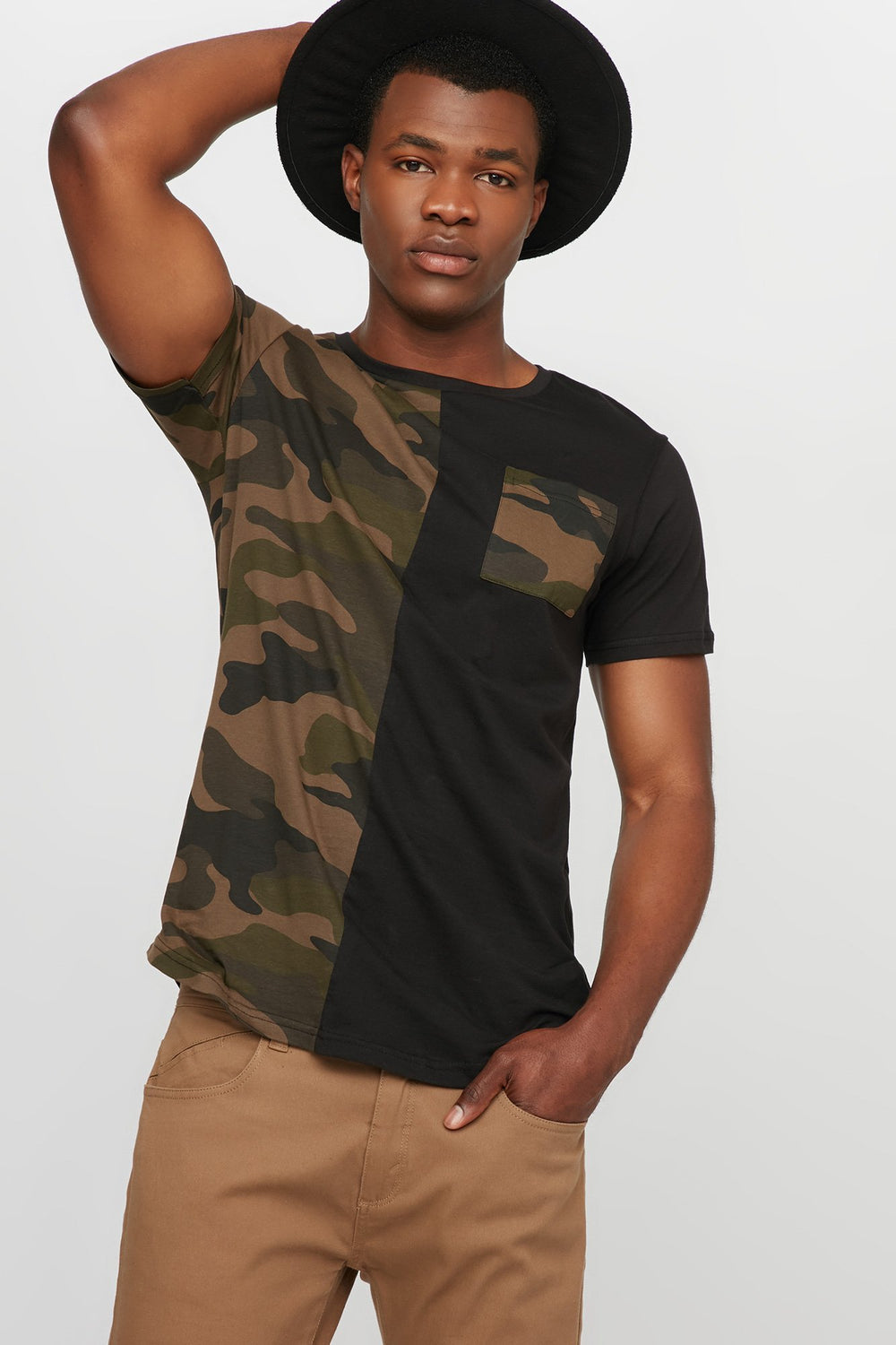Men Camo Colour Block Pocket Crewneck T-Shirt Black