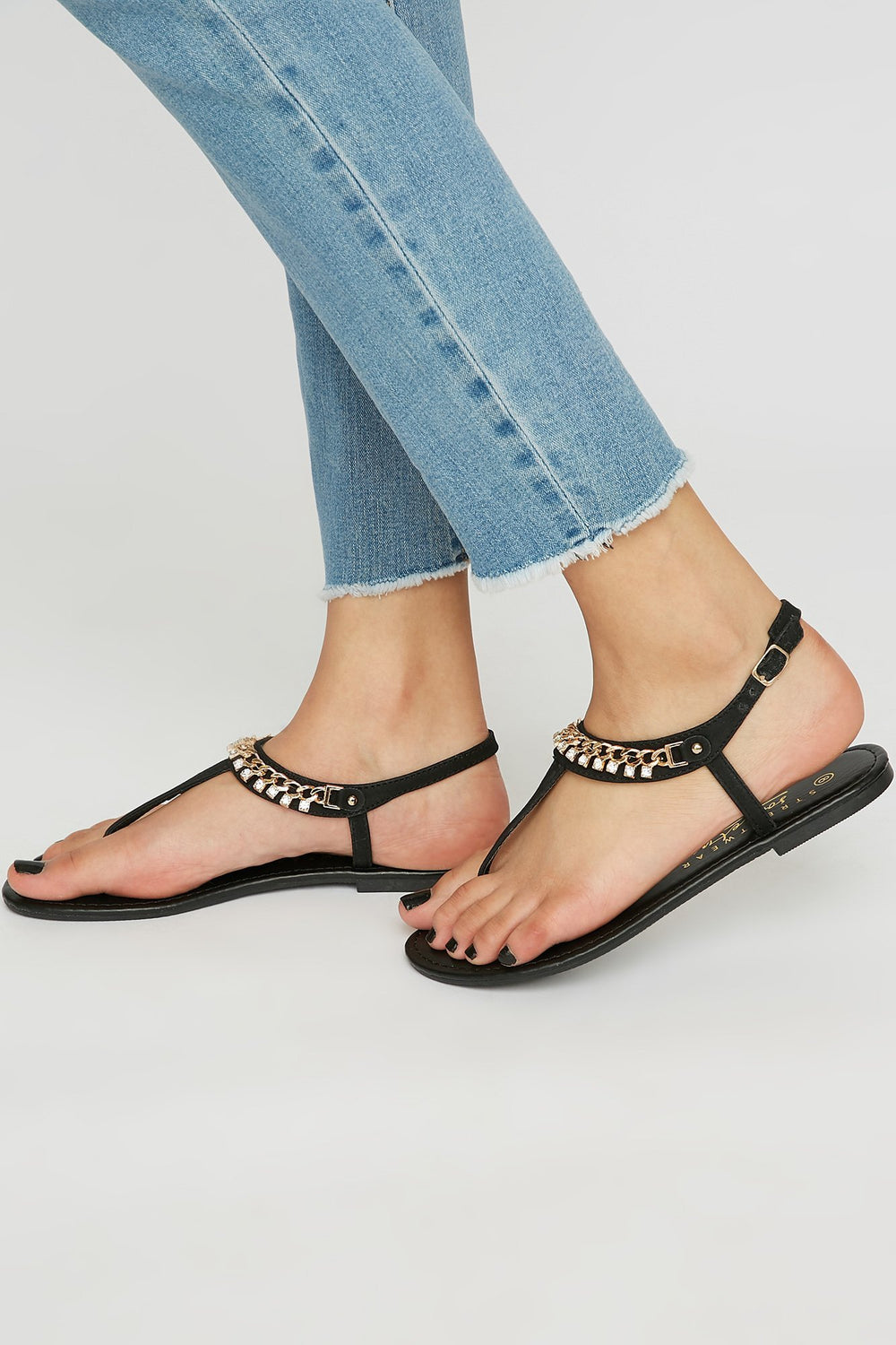 Women Chain Rhinestone T-Bar Sandal Black
