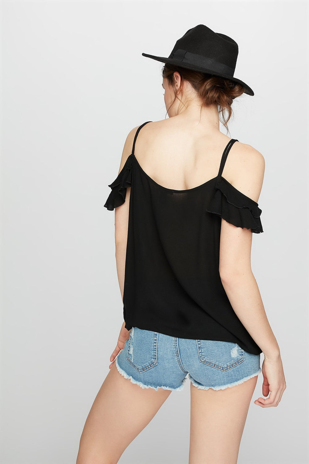 Women Cold Shoulder Caged Ruffle T-Shirt Black