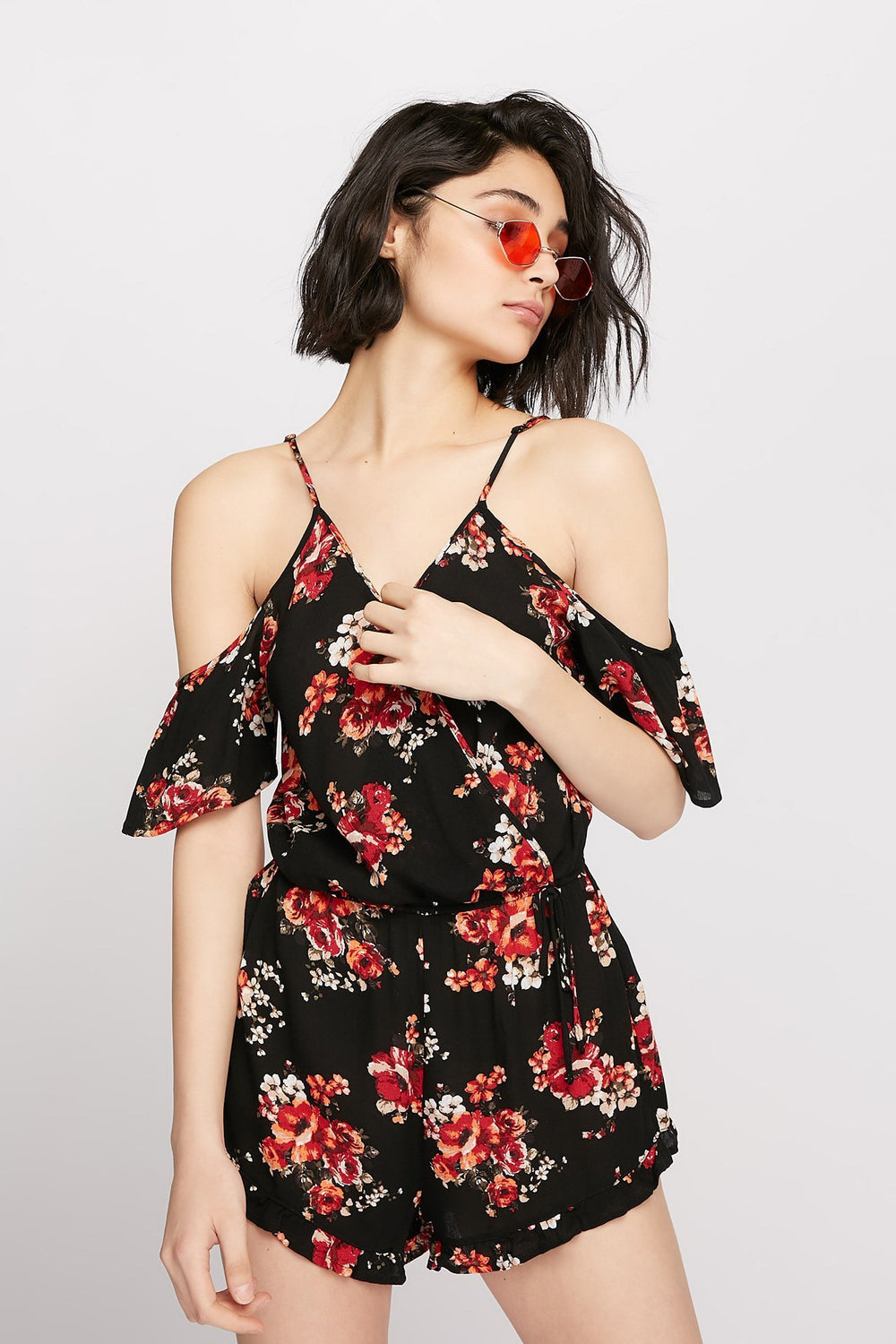 Women Cold Shoulder Faux-Wrap Ruffle Floral Romper Black