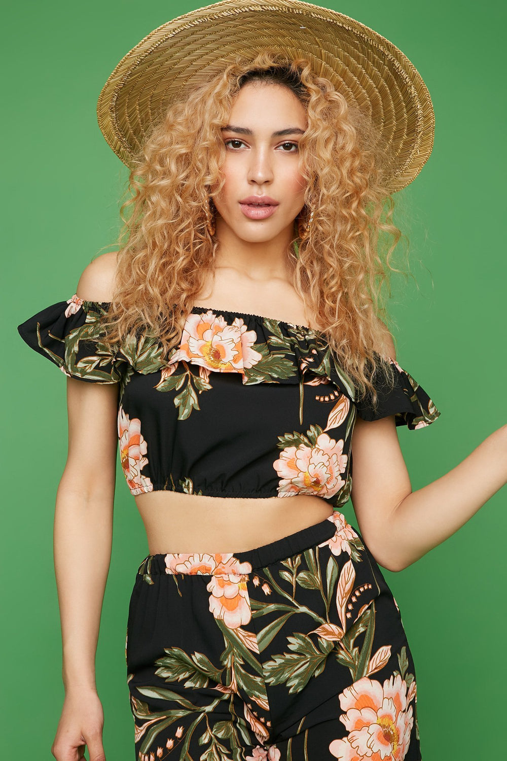 Women Cold Shoulder Floral Ruffle Cropped Blouse Black