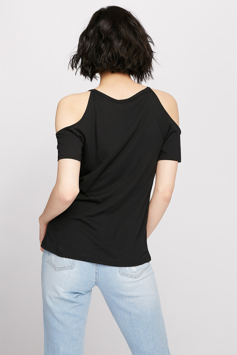 Women Cold Shoulder Lace-Up T-Shirt Black
