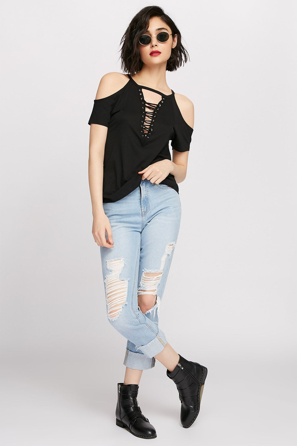 Women Cold Shoulder Lace-Up T-Shirt Black