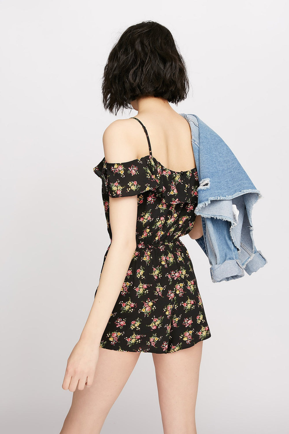 Women Cold Shoulder Ruffle Floral Cinched Romper Black
