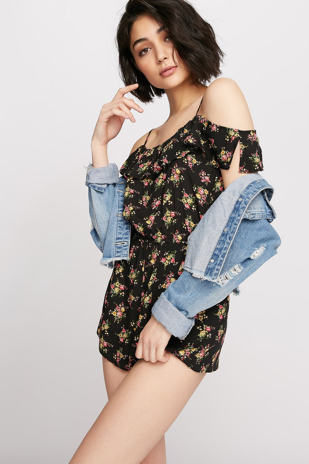 Women Cold Shoulder Ruffle Floral Cinched Romper Black