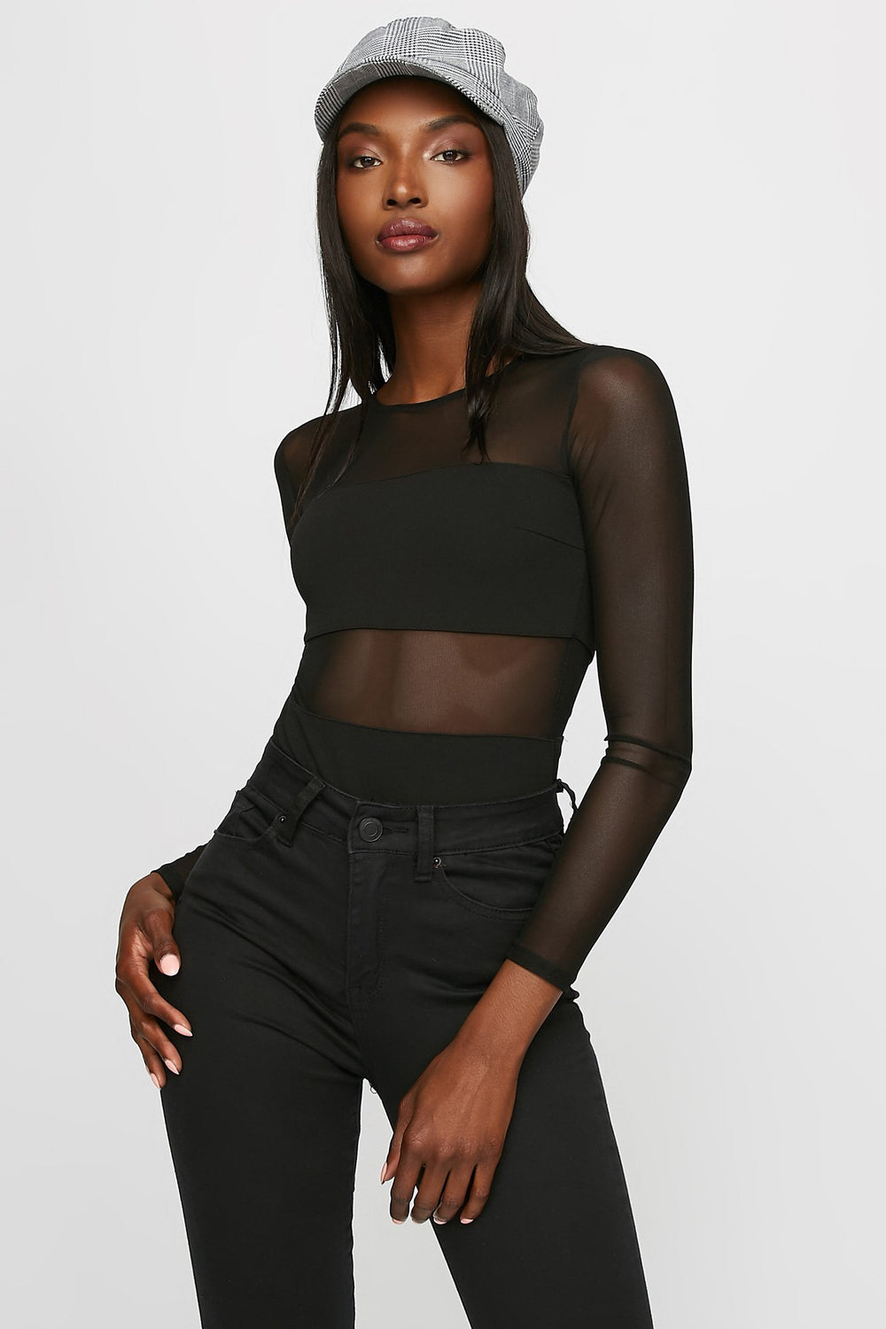 Women Colour Block Mesh Long Sleeve Bodysuit Black