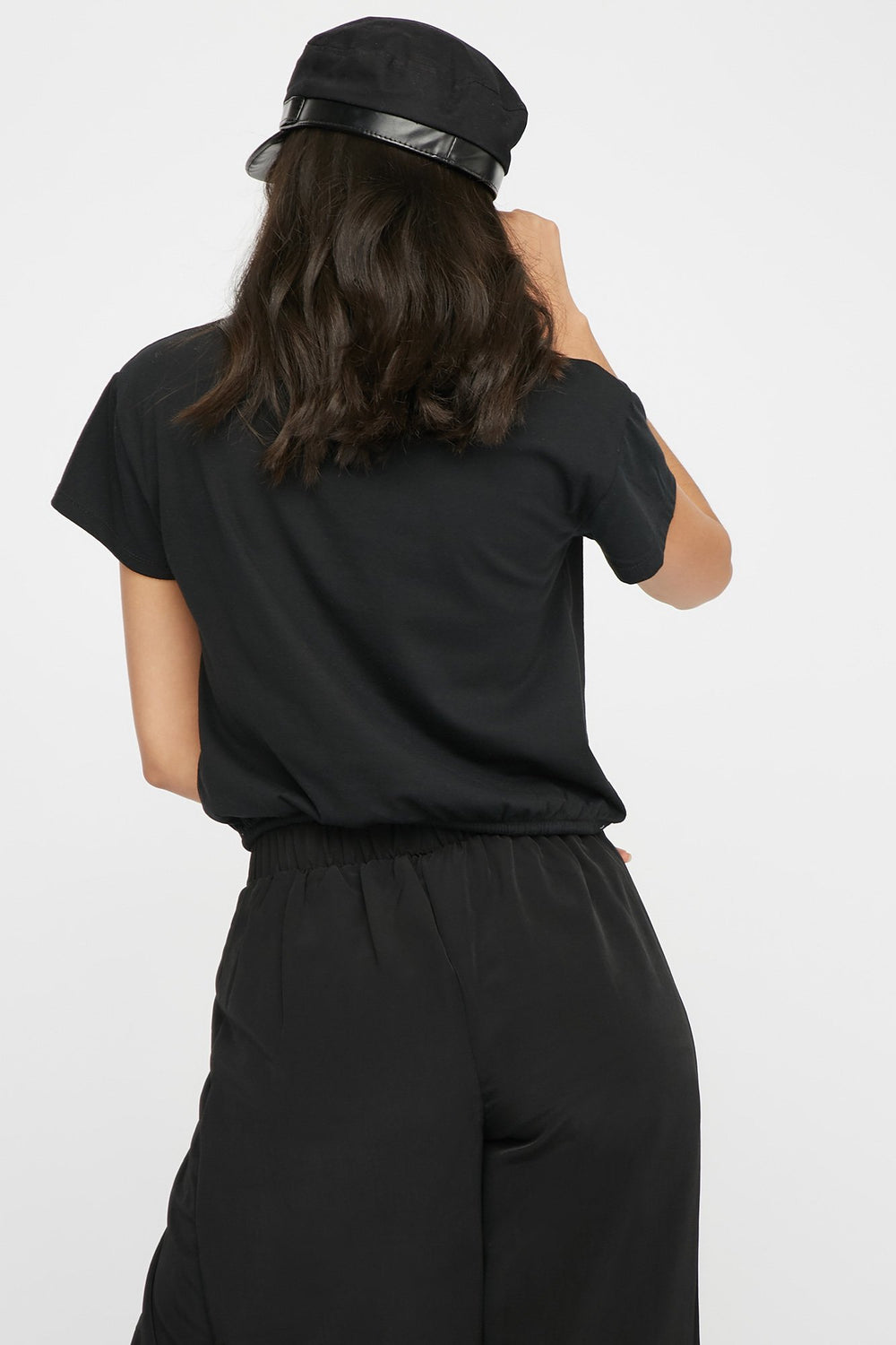 Women Cropped Cinched Drawstring T-Shirt Black
