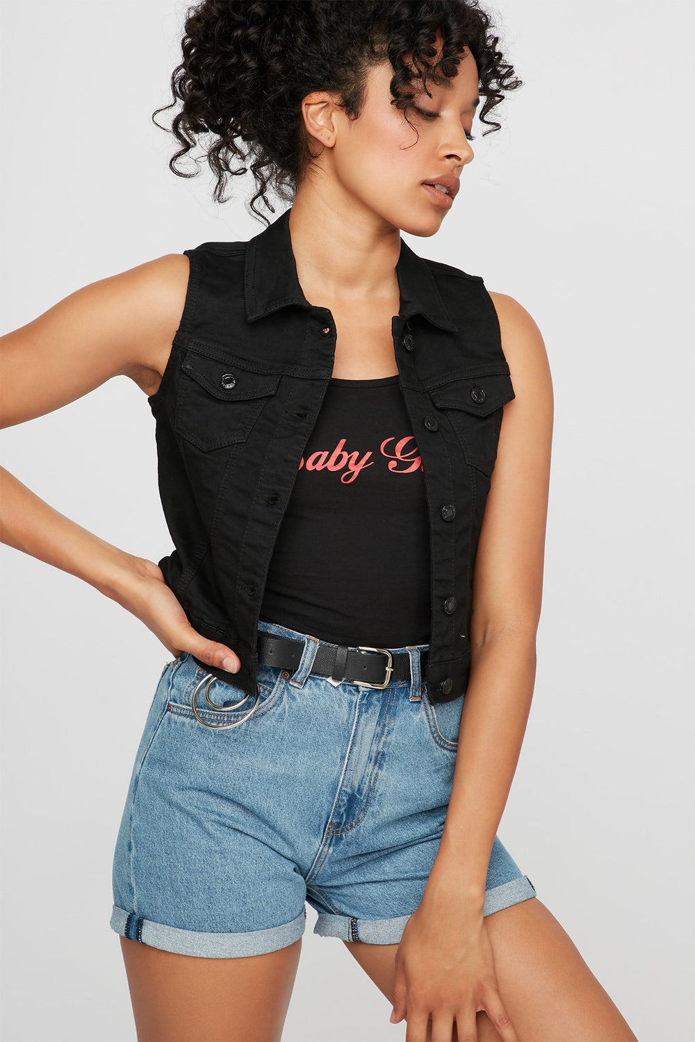 Women Cropped Classic Denim Vest Black