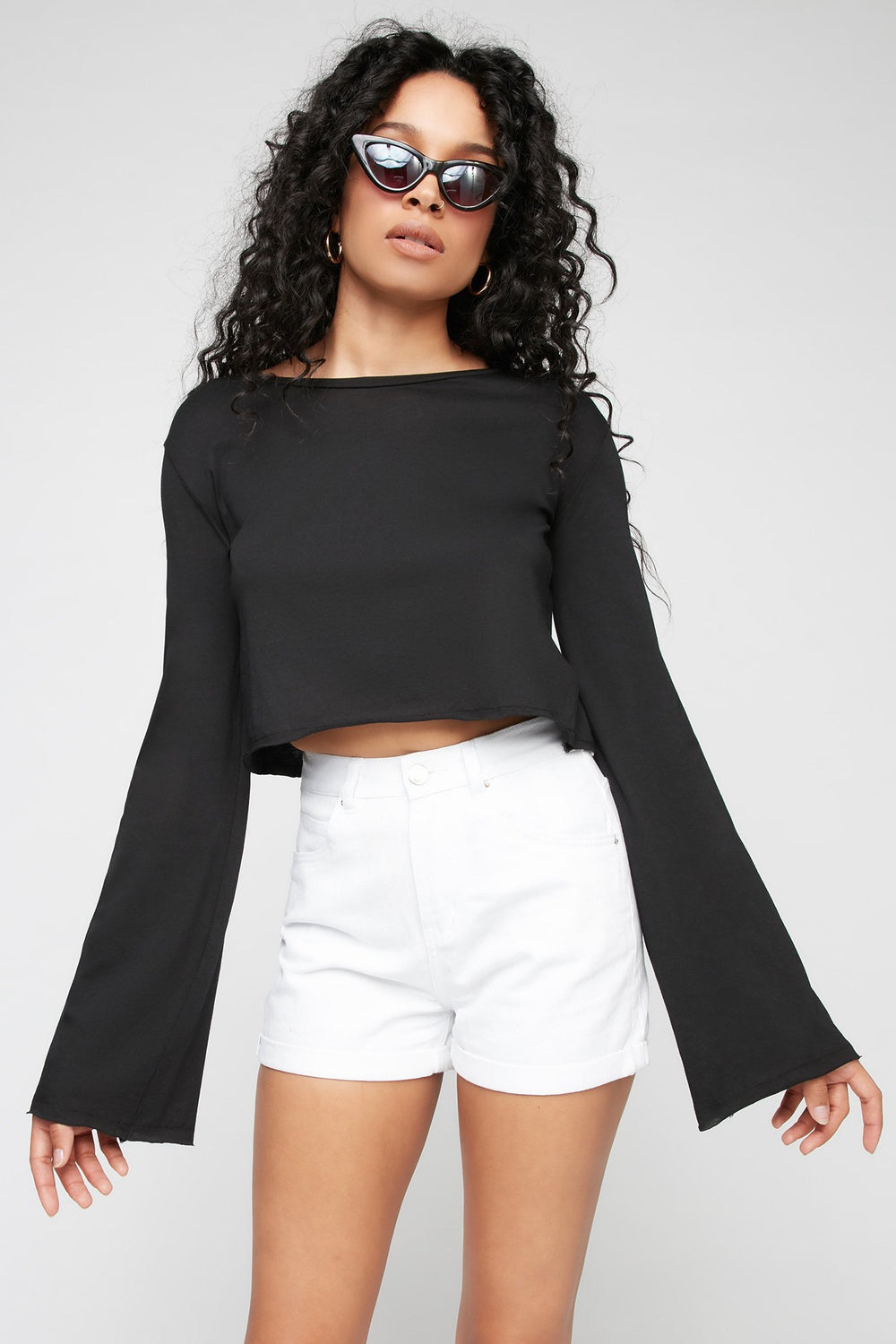 Women Cropped Long Bell Sleeve Shirt Black