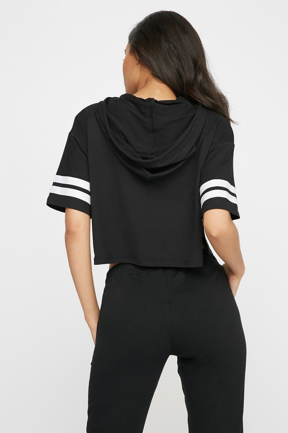 Women Cropped Varsity Striped Drawstring Hooded T-Shirt Black