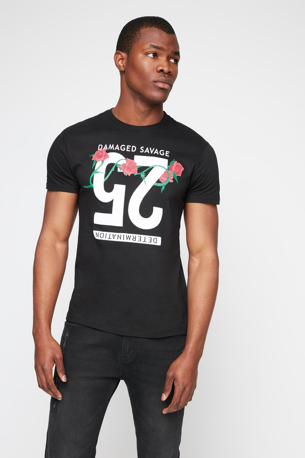 Men Damaged Savage Floral Graphic T-Shirt Black