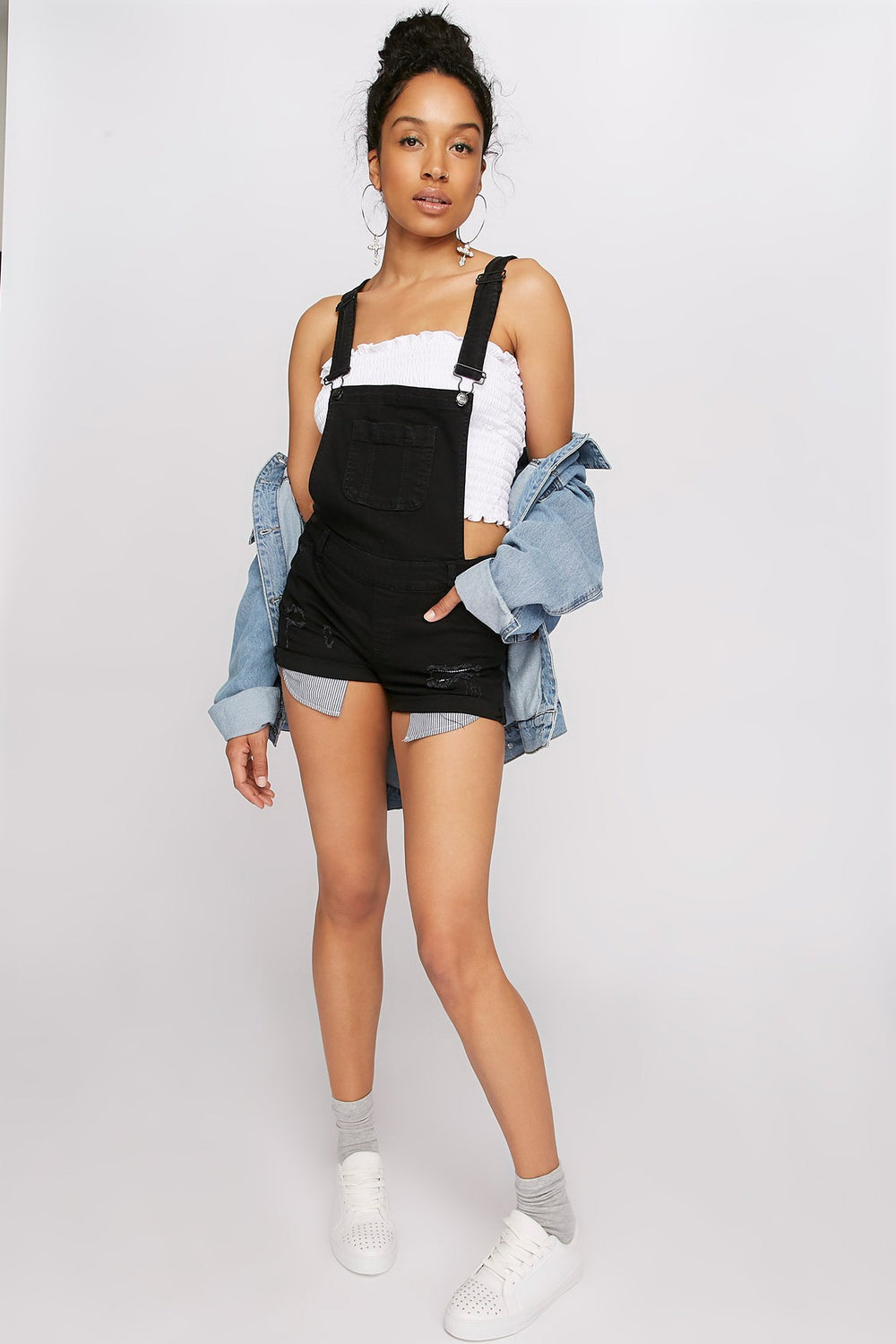 Women Distressed Roll-Up Denim Shortall Black