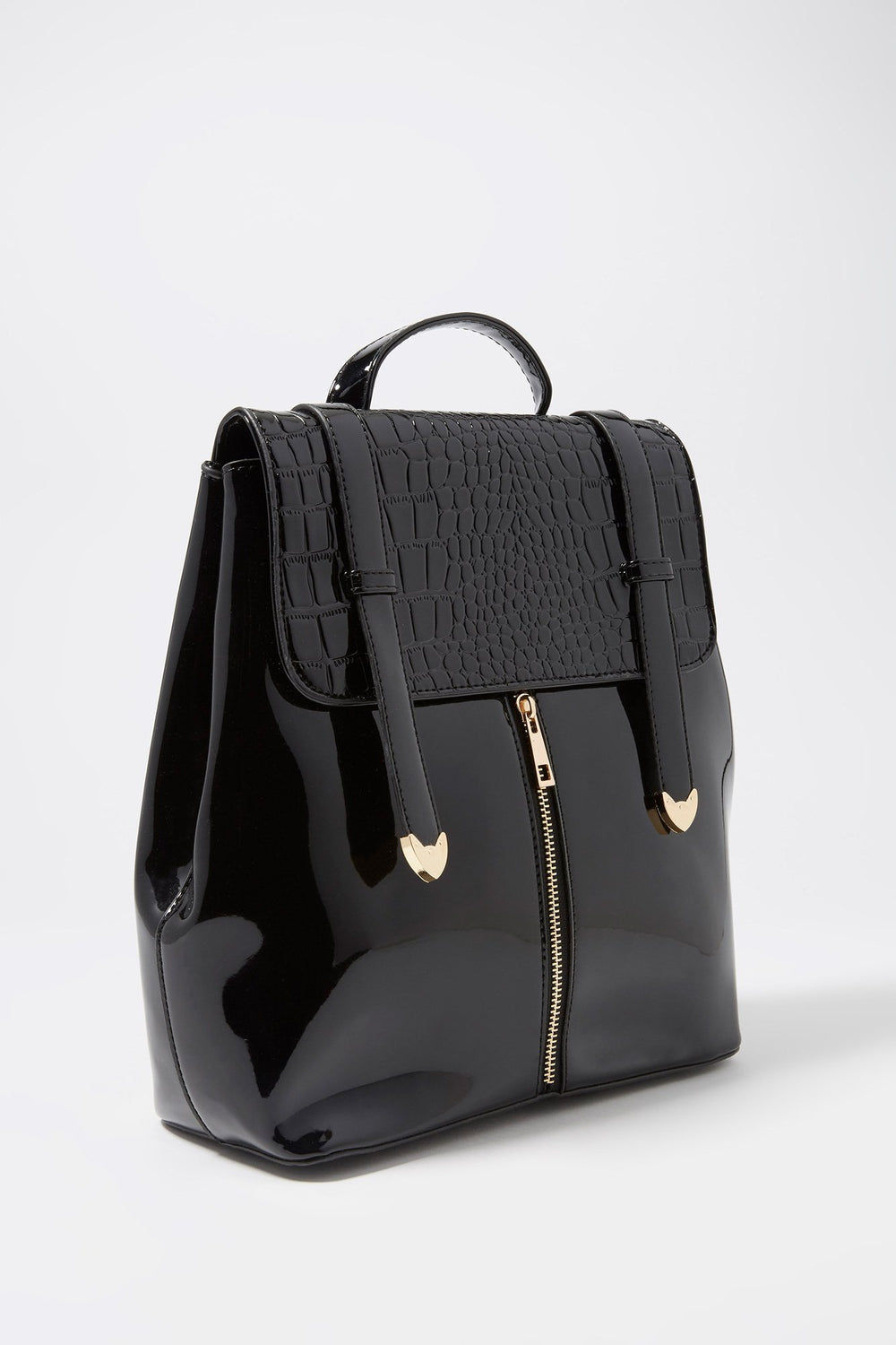 Women Faux-Croc-Leather Dual Buckle Backpack Black