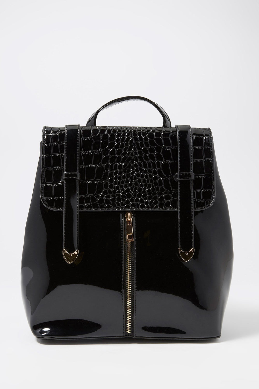 Women Faux-Croc-Leather Dual Buckle Backpack Black