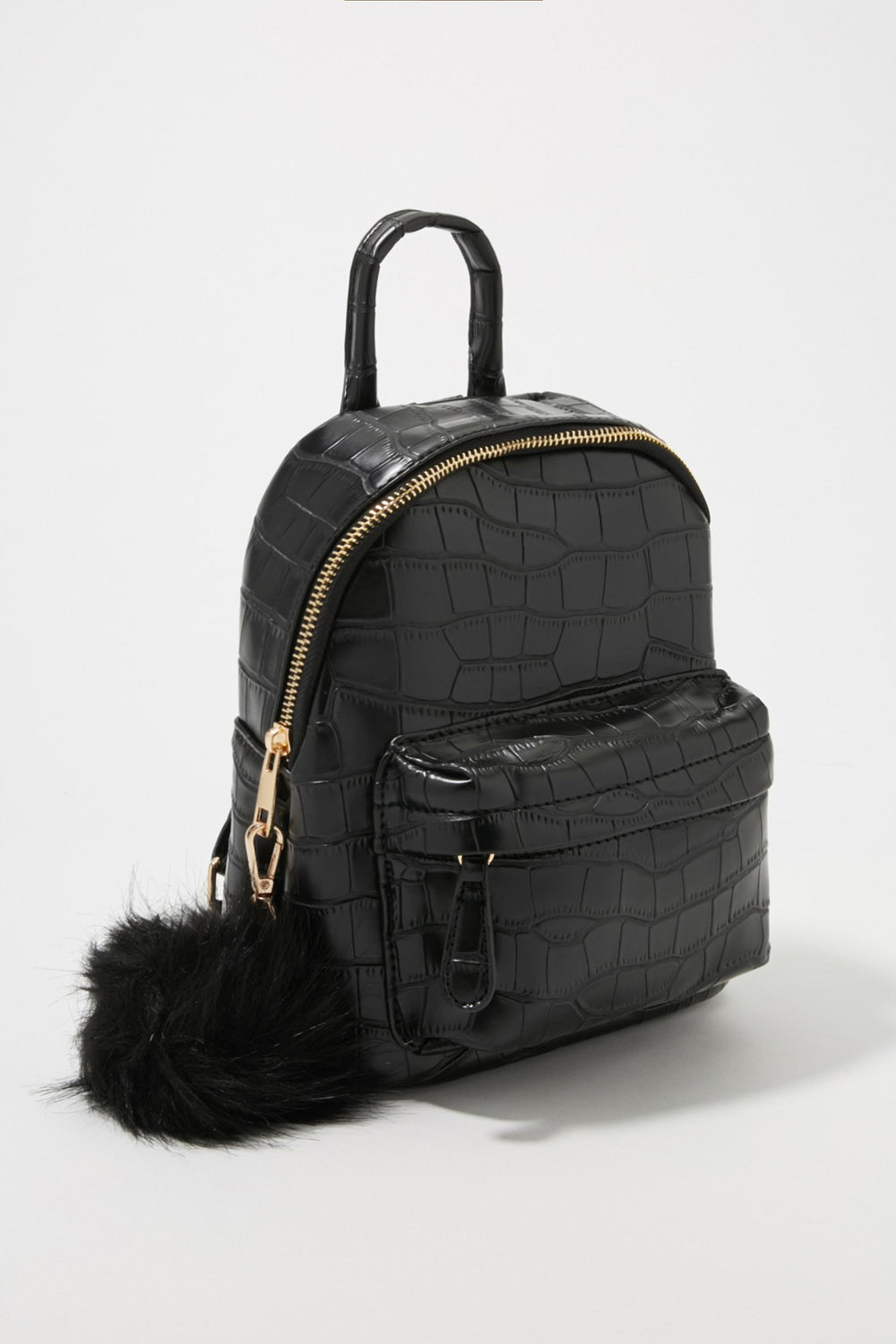 Women Faux-Croc Pom Mini Backpack Black