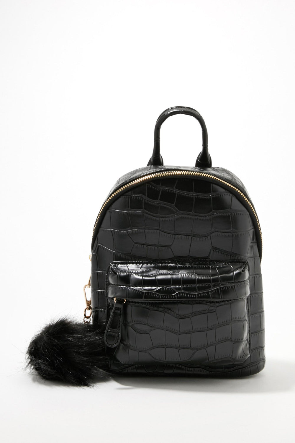Women Faux-Croc Pom Mini Backpack Black
