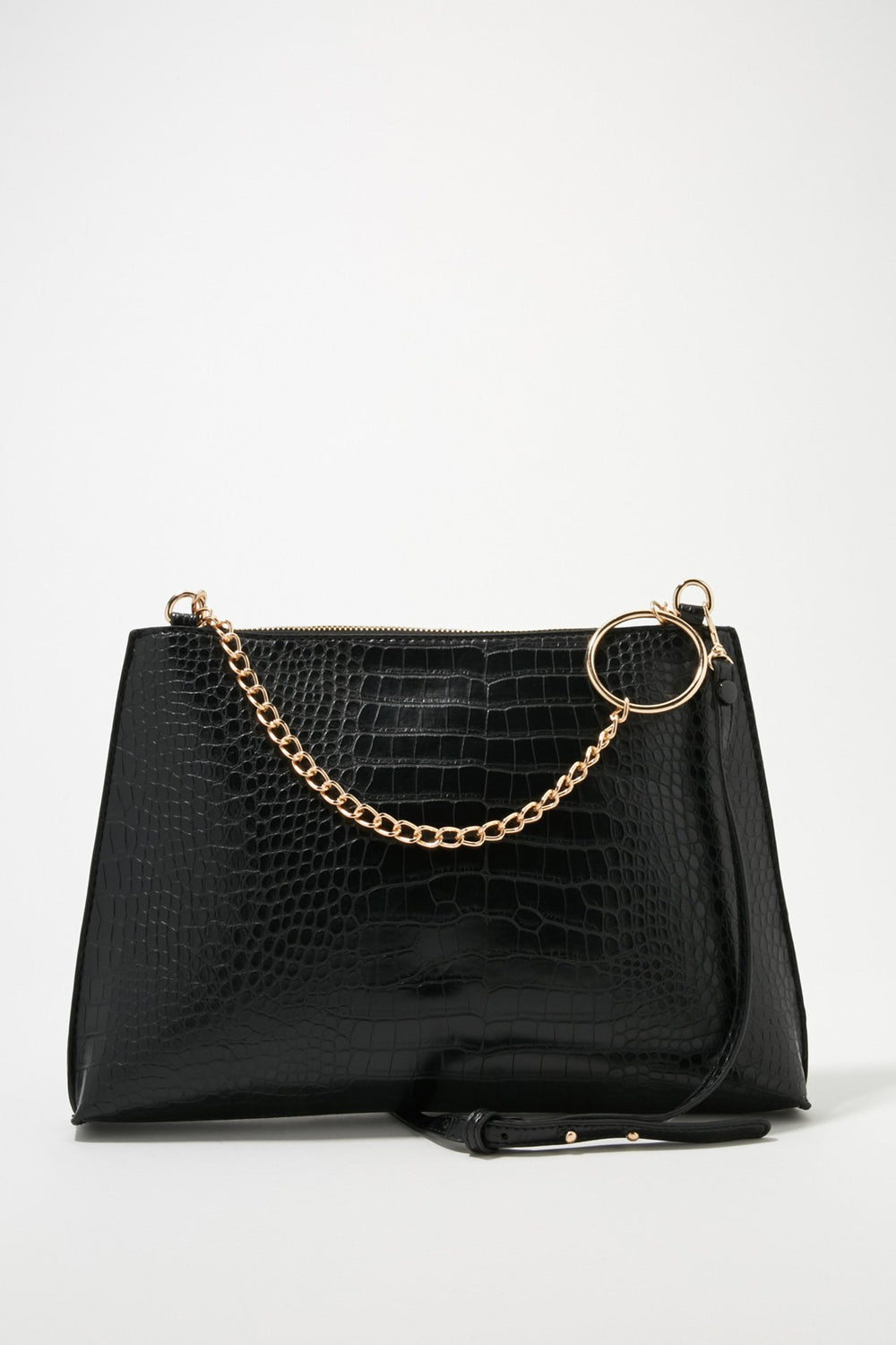 Women Faux-Croc Ring-Chain Crossbody Bag Black
