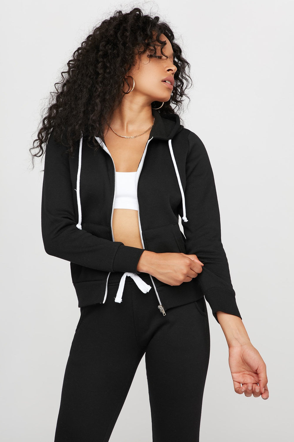 Women Fleece Drawstring Zip-Up Hoodie Black