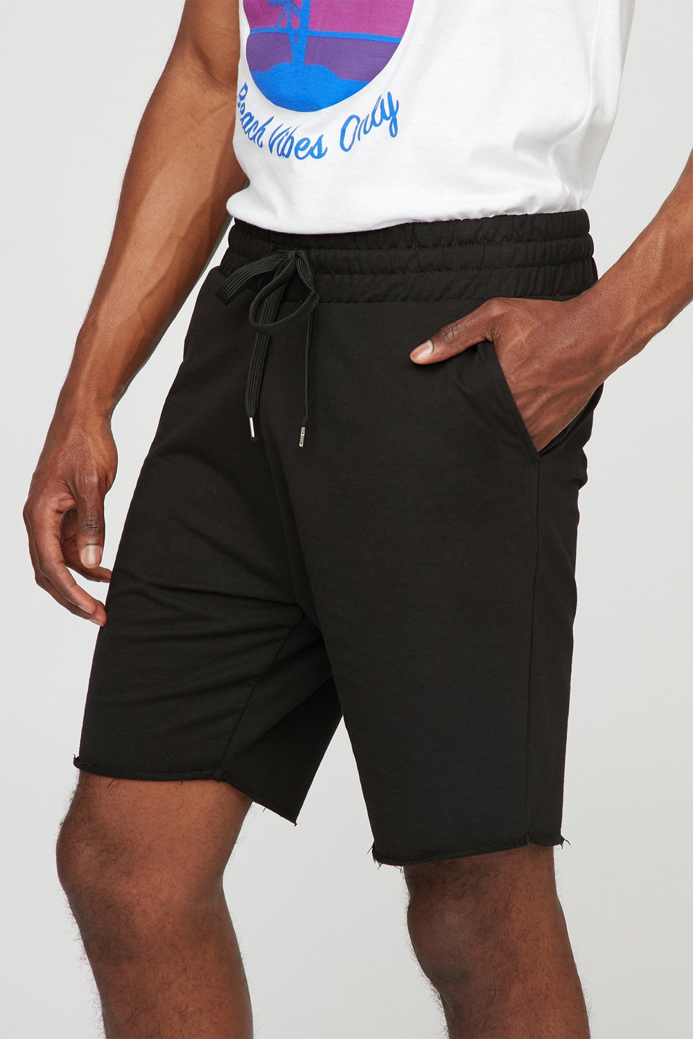 Men Fleece Slim Frayed Hem Drawstring Jogger Short Black