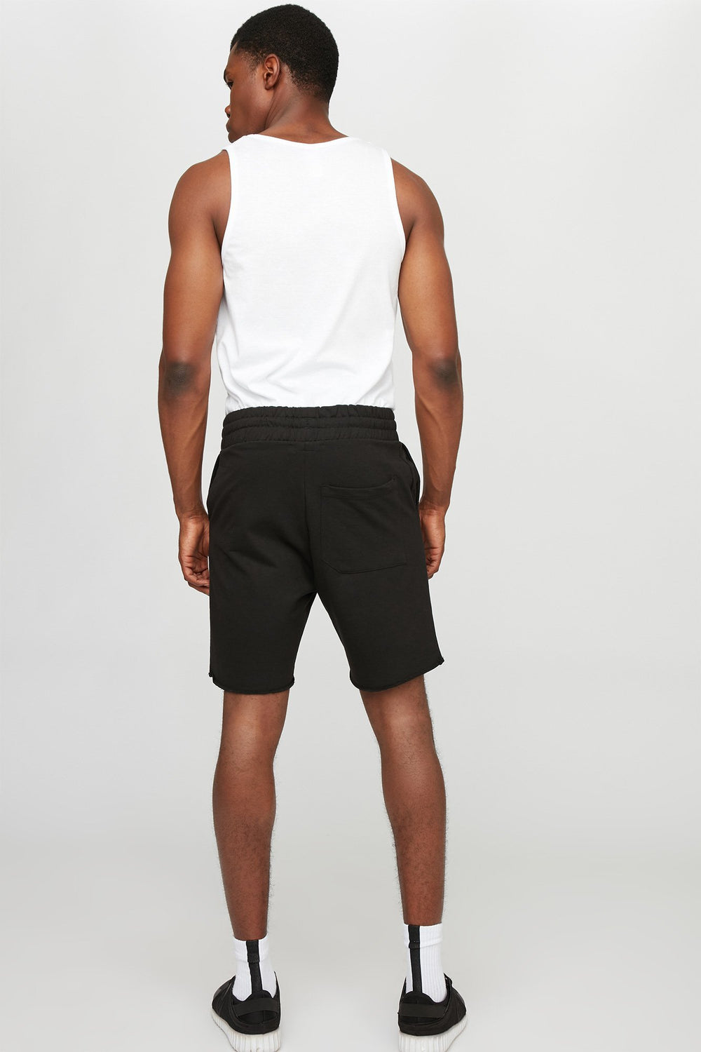 Men Fleece Slim Frayed Hem Drawstring Jogger Short Black