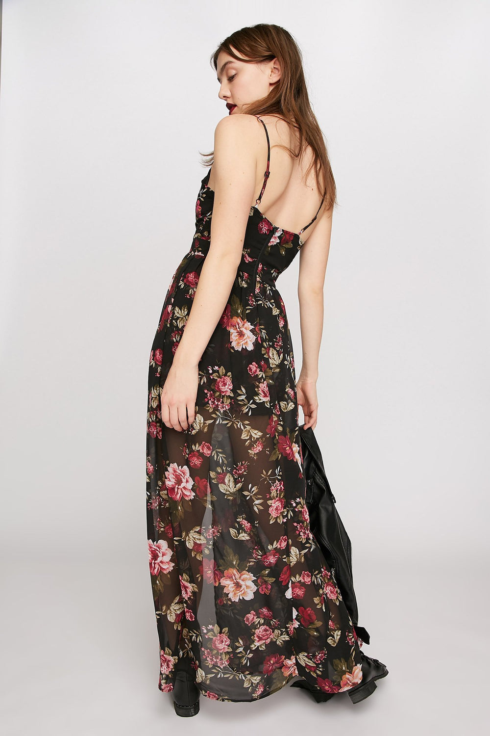 Women Floral Caged Plunging V-Neck Sheer Walkthrough Romper Black
