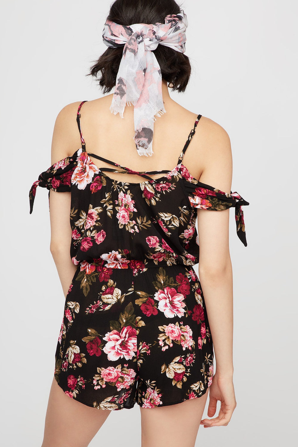 Women Floral Cold Shoulder Self-Tie Sleeve Romper Black
