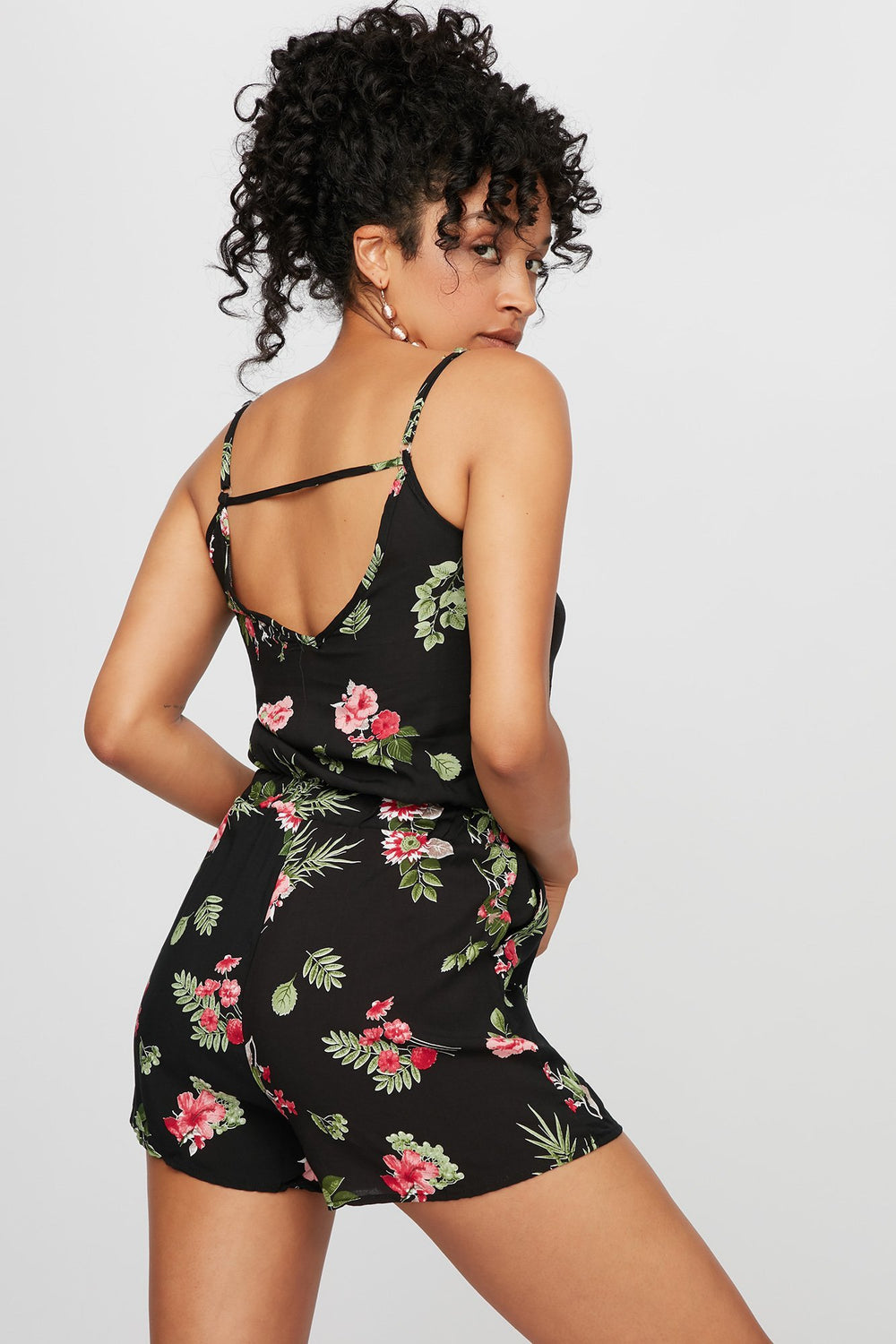 Women Floral Drawstring Romper Black