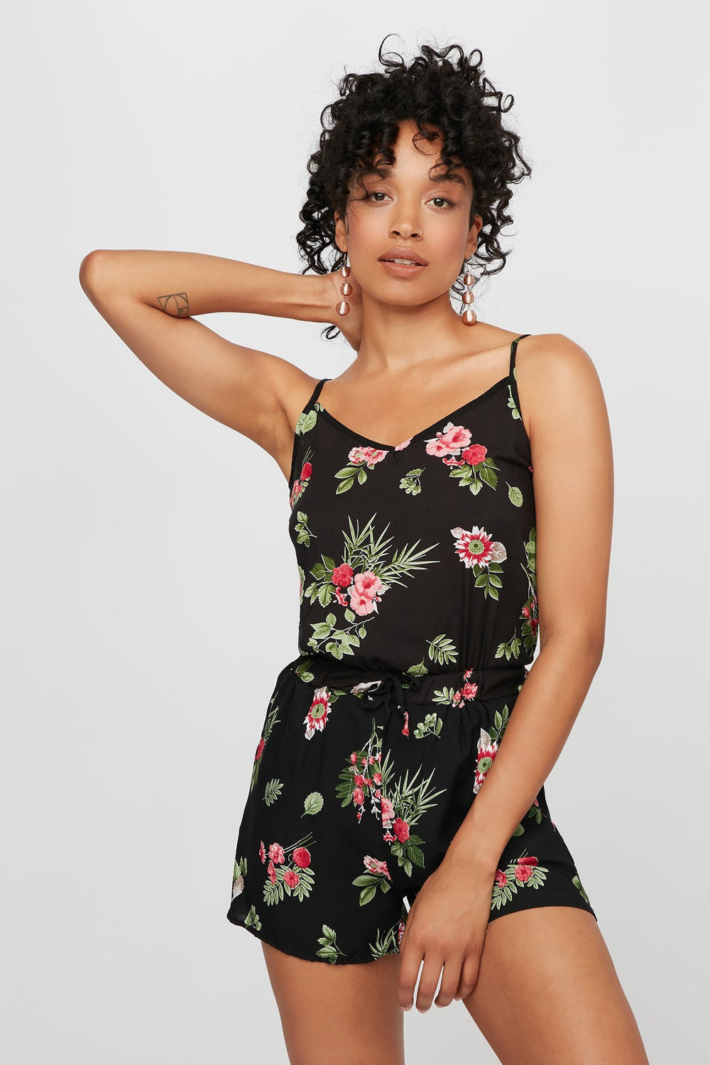 Women Floral Drawstring Romper Black