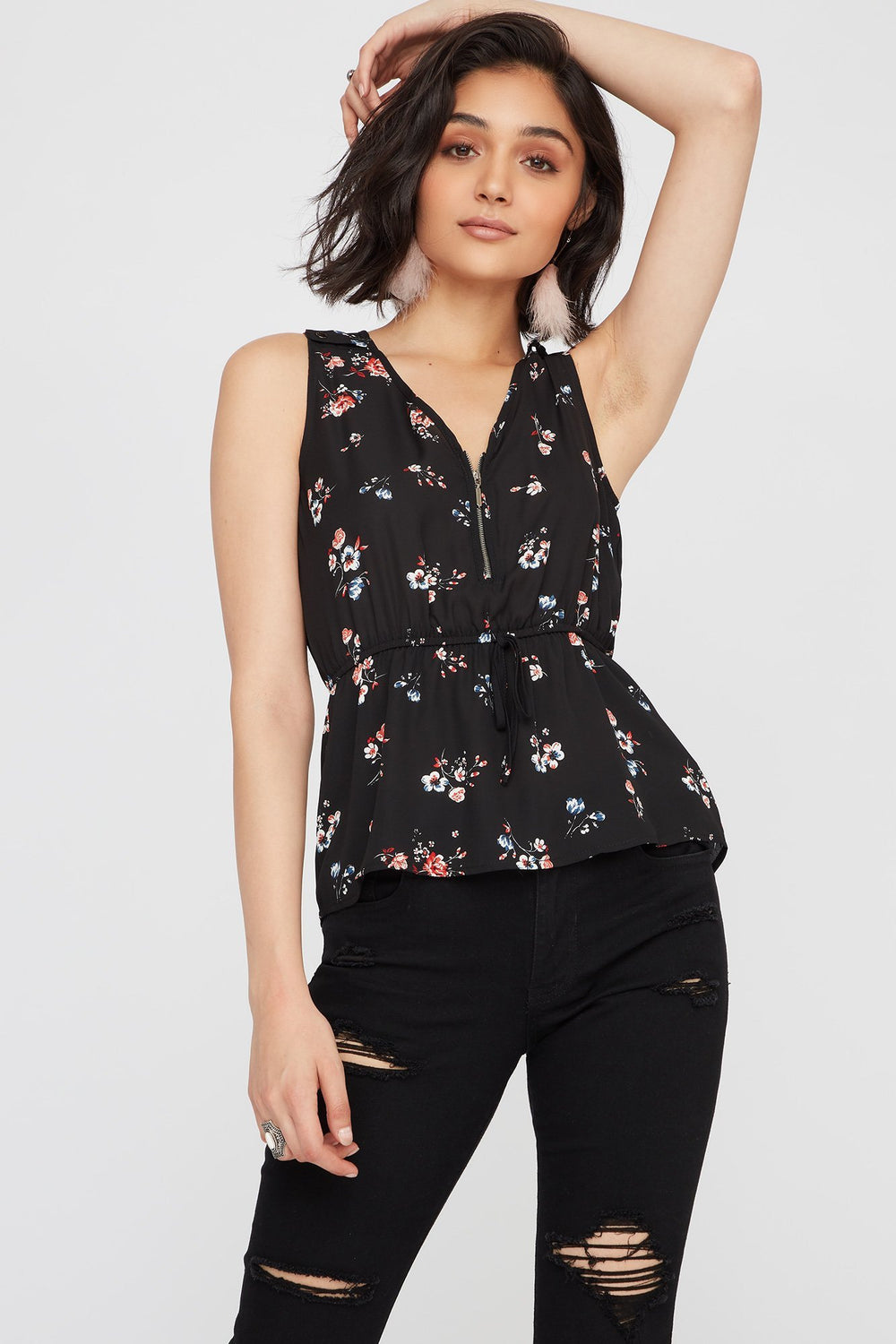 Women Floral Half-Zip Drawstring Blouse Black
