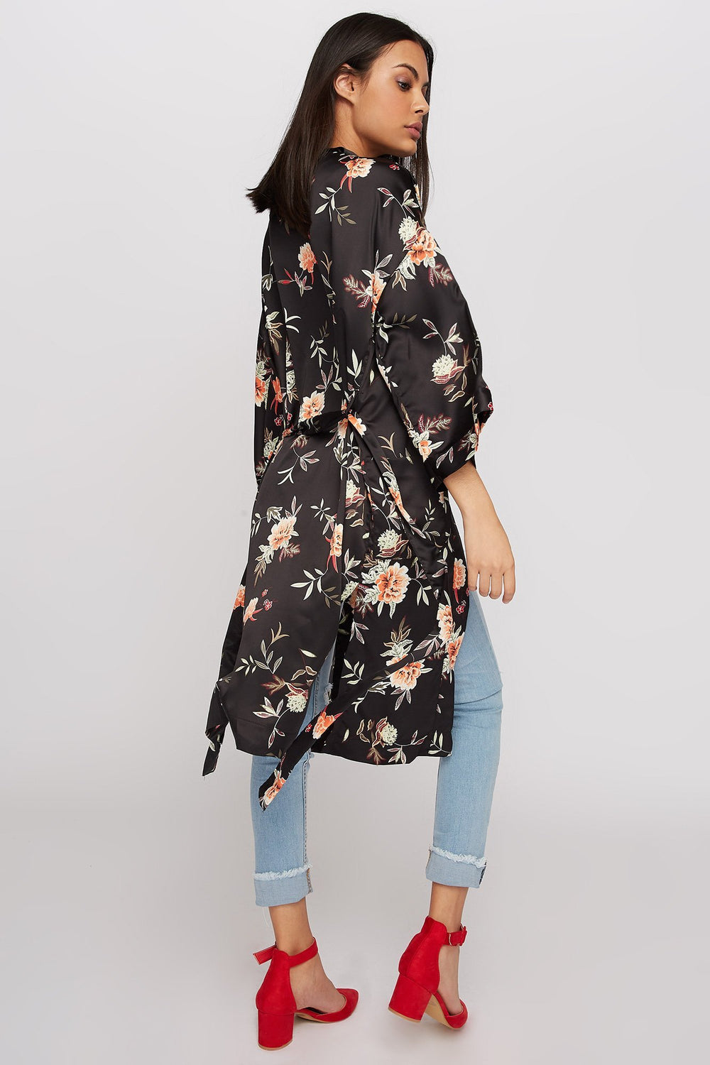 Women Floral Longline Slit Self-Tie Kimono Black