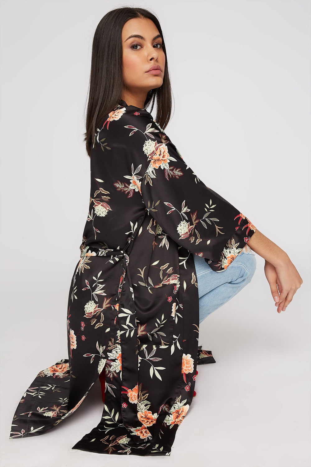 Women Floral Longline Slit Self-Tie Kimono Black